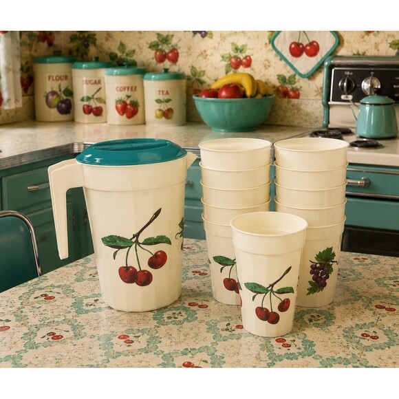 Packerware Other - Vintage Packerware Fruit 1/2 Gallon Pitcher & 21 Matching Cups USA Retro Set